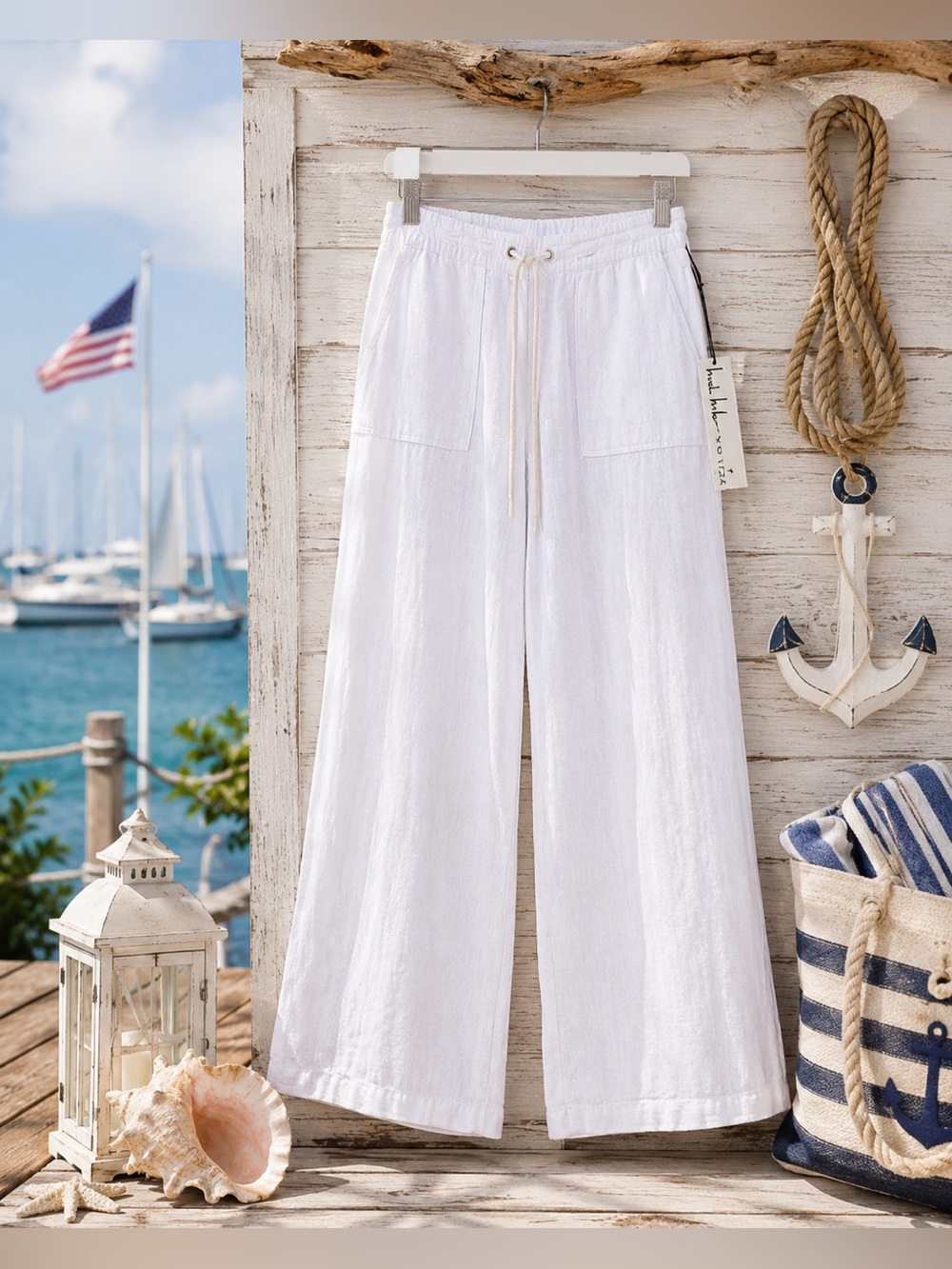 NWT Nicole Miller New York White Linen Blend Wide Leg Drawstring Pants S  Beach